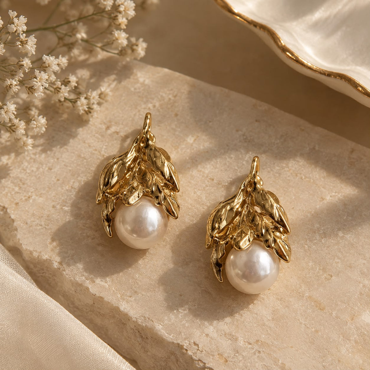 Golden blossom pearl earrings
