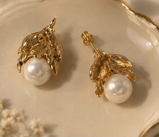 Golden blossom pearl earrings